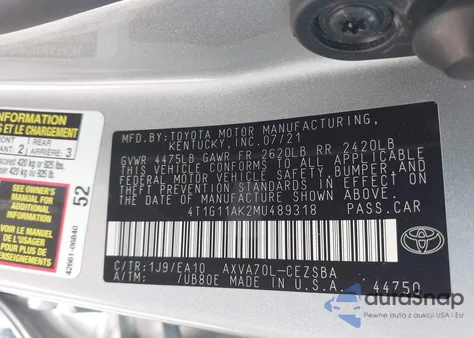 2021 Toyota Camry Se from USA, damaged, VIN 4T1G11AK2MU489318